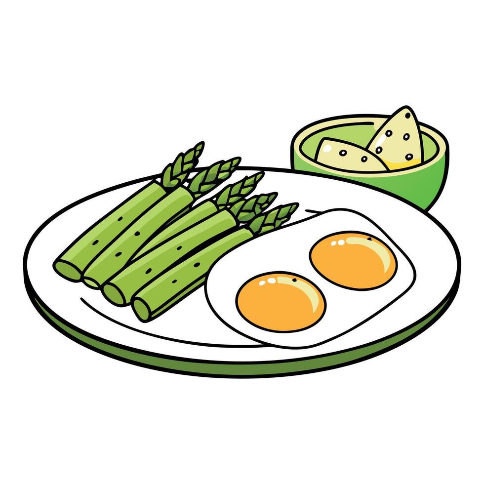 A delicious and healthy breakfast of asparagus and eggs. vector