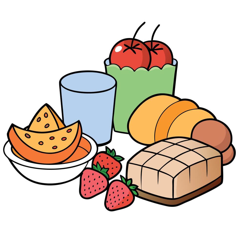 Assorted breakfast items with fruits and baked goods isolated transparent background vector