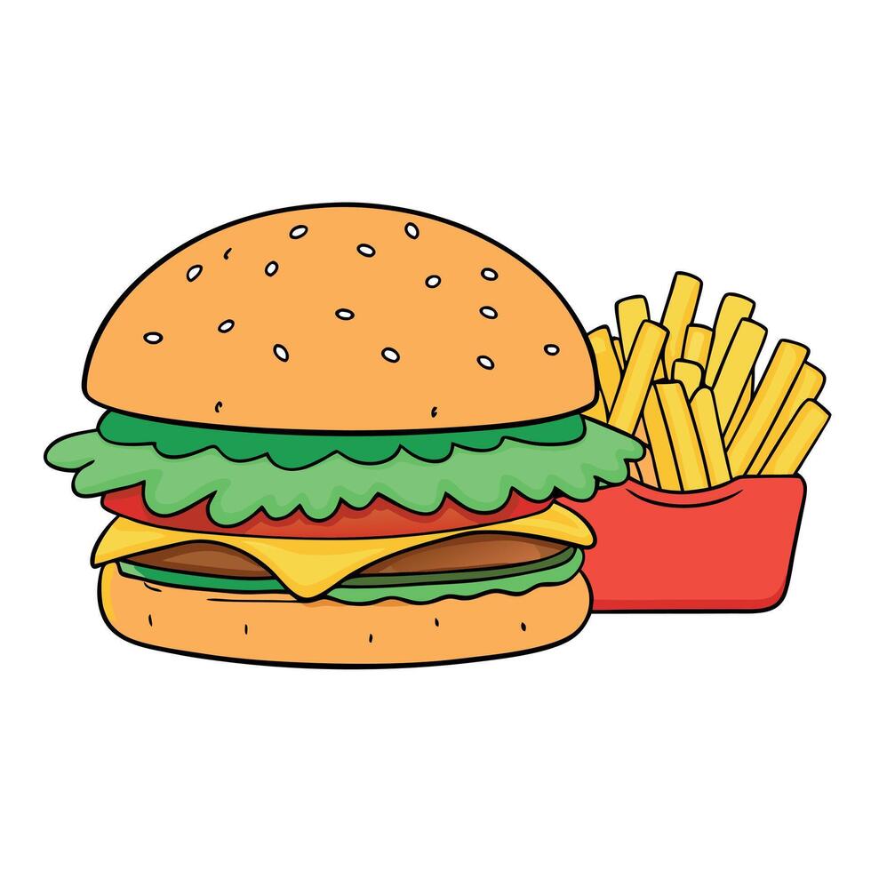 Homemade cheeseburger with cheese and vegetables served with french fries and salad vector
