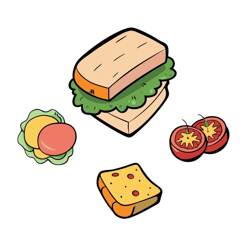 Ingredients ham cheese tomatoes lettuce and toast View from above on dark background vector