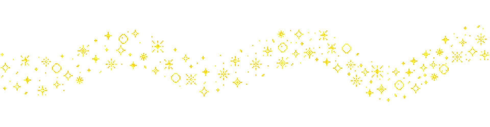 Pixel star retro 8 bit sparkle wavy border seamless frame. Shiny game pixel art effect set. Firework burst, space decoration. 90s aesthetics, y2k vector
