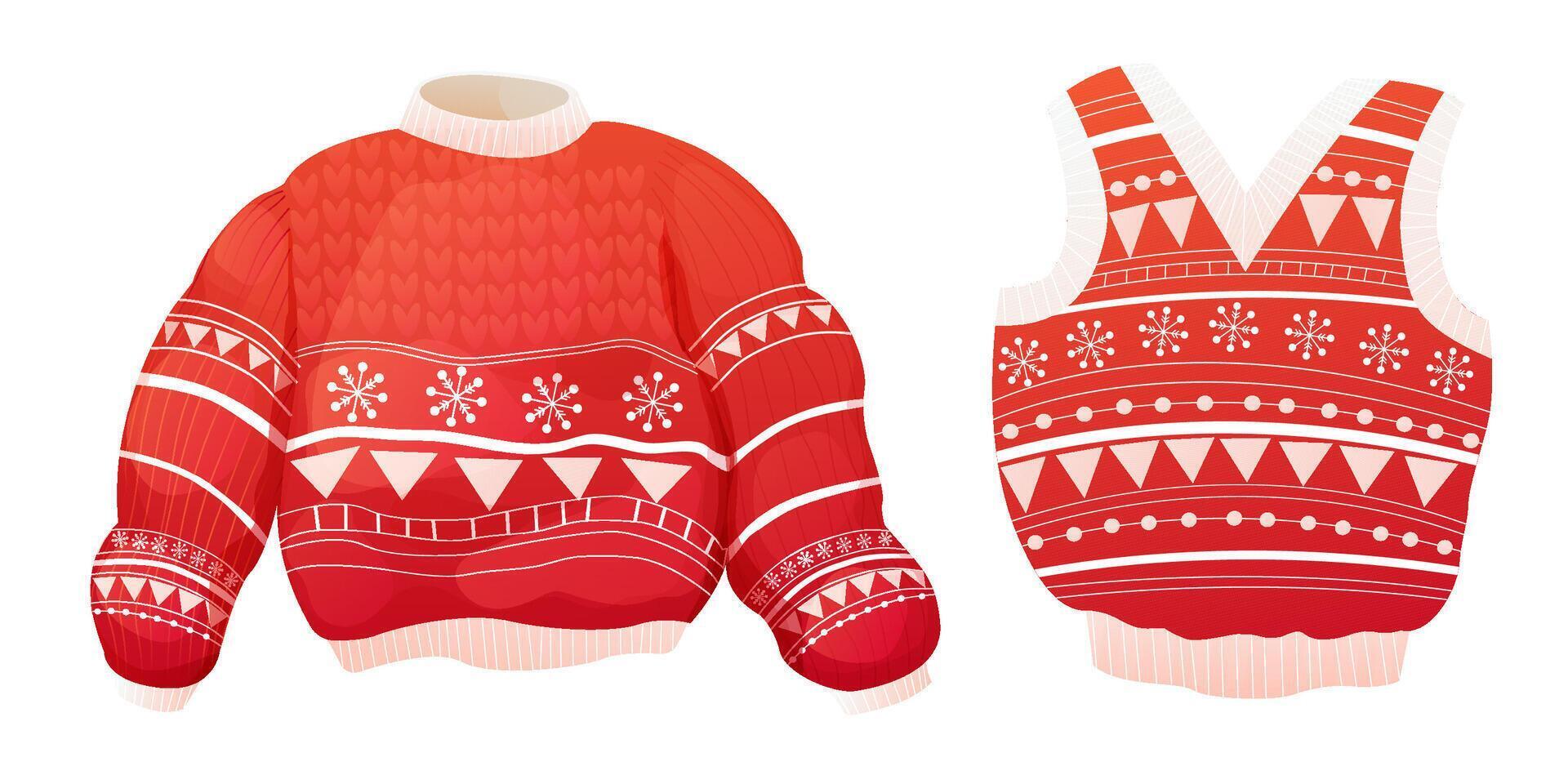 Set Cute winter warm knitted red sweater and vest. Christmas wear with festive winter ornament. Nordic jumper, retro. vector