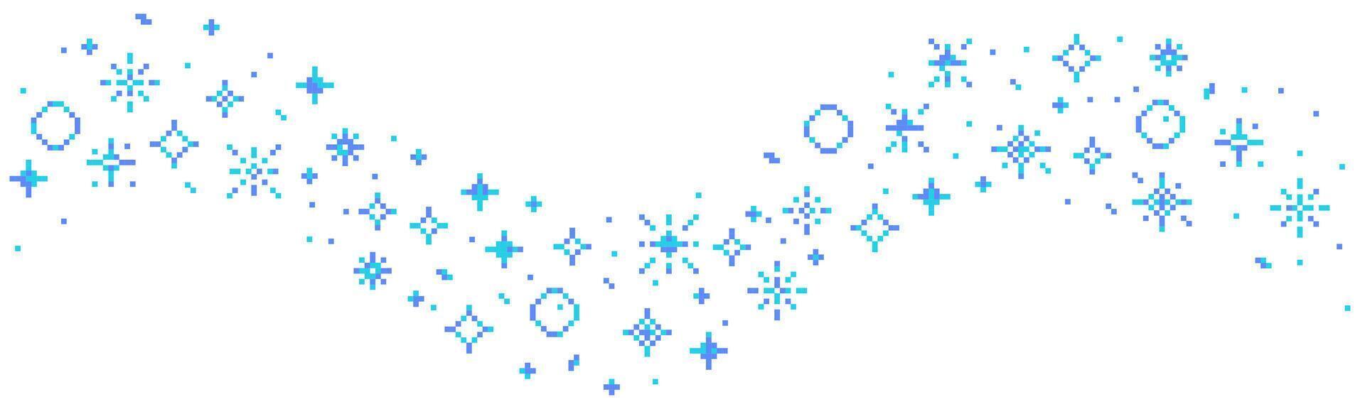 Pixel snow retro 8 bit sparkle wavy border seamless frame. Shiny game pixel art effect set. Firework burst, space decoration. 90s aesthetics, y2k vector