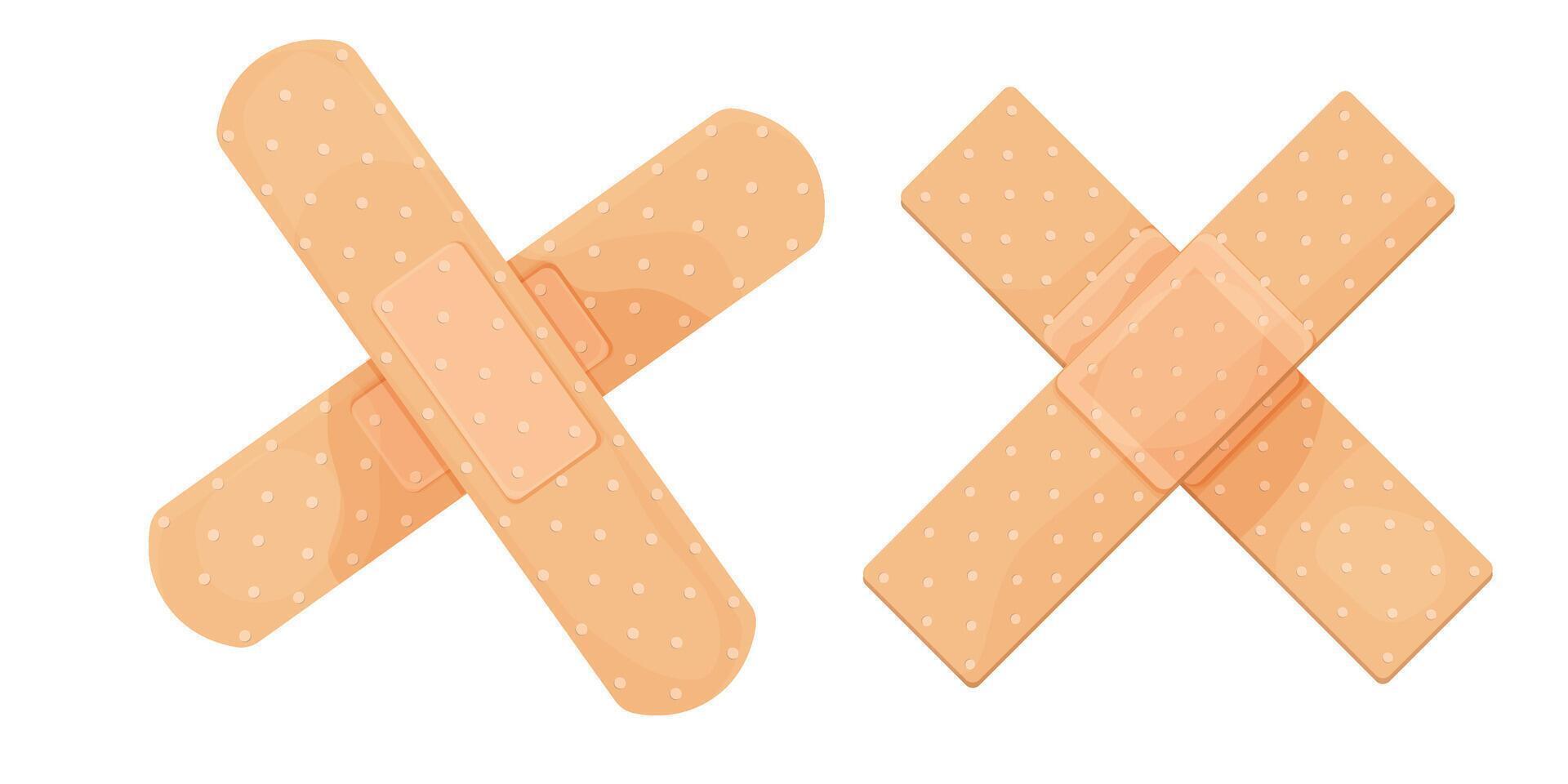 Medical plaster, strip. Breathable patch set. Firs aid tape, Different shapes. Recovery tape isolated on white background vector