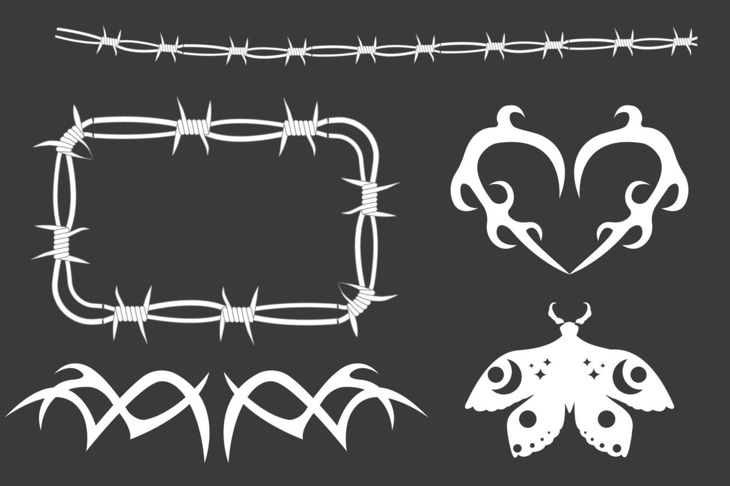 Barbed wire set twisted frames y2k, borders tattoo, gothic textured steel frame, spiky oval barrier, white silhouette isolated on dark background. vector