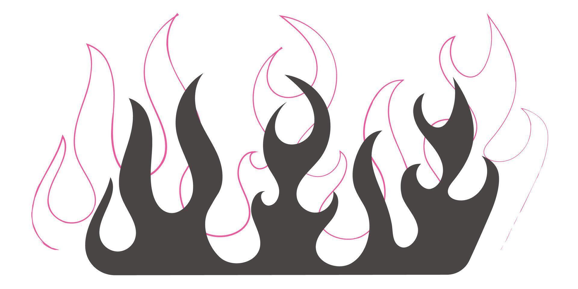 Flame neo tribal tattoo y2k hot print line and silhouette retro ornament collection. Fire set design elements isolated on white vector
