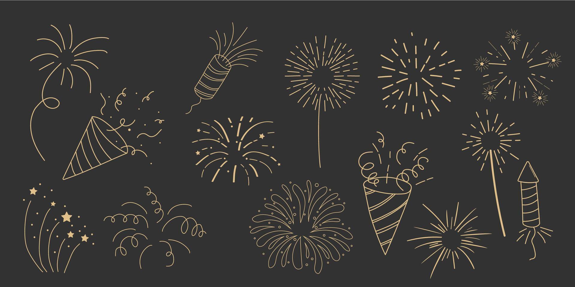 Set gold fireworks, firecrackers golden burst, rays festive doodle sparkle lights isolated on dark background.Celebration, Party Icon, Anniversary, New Year Eve, independence vector