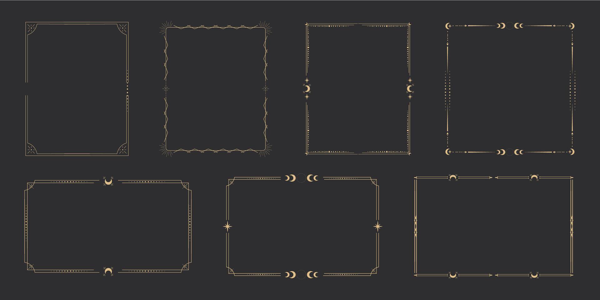 Collection Gold celestial minimal esoteric frame, thin line golden border, moon, stars corners. Set Geometric shape, tarrot isolated on dark background. Set Geometric shape, tarrot vector