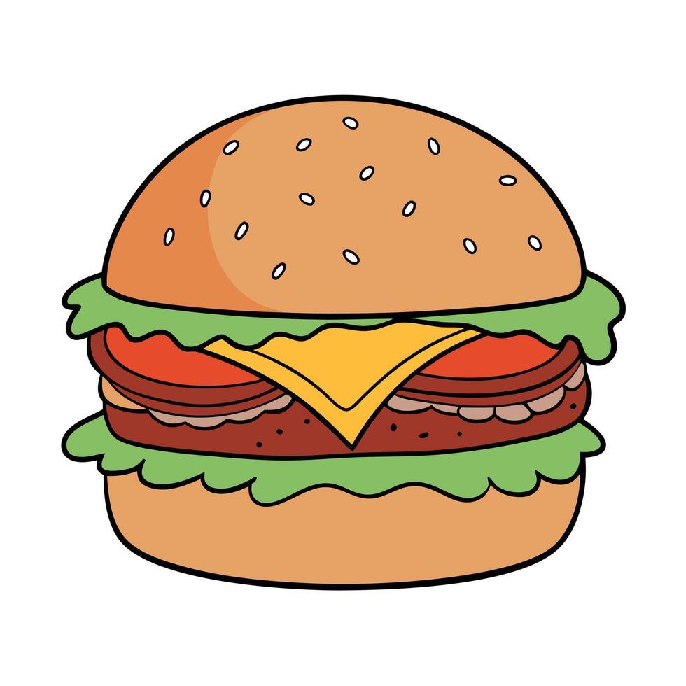 A delicious cheeseburger with bacon. tomato. lettuce. and onion on a sesame seed bun vector
