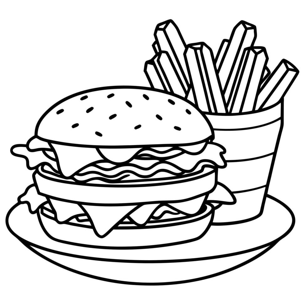 Deluxe grilled burger with bacon and gorgonzola served with fries at a casual diner vector