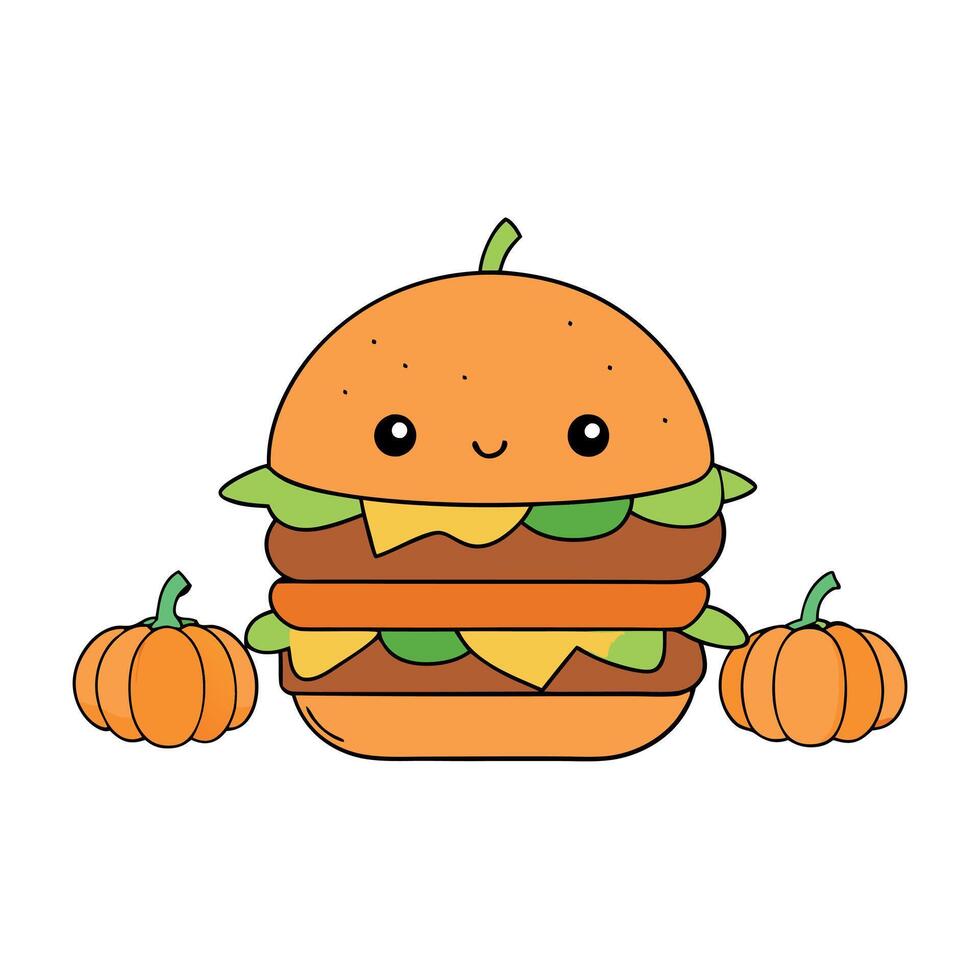 A hamburger with a pumpkin on top of it. There are other pumpkins in the background vector