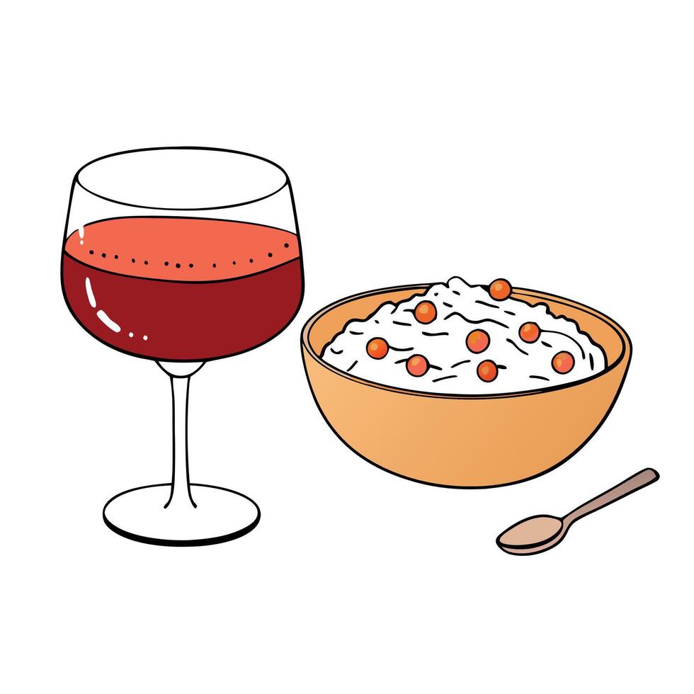 A Bowl of Bacon and Chive Risotto Served on a Wooden Table With a Glass of Red Wine vector