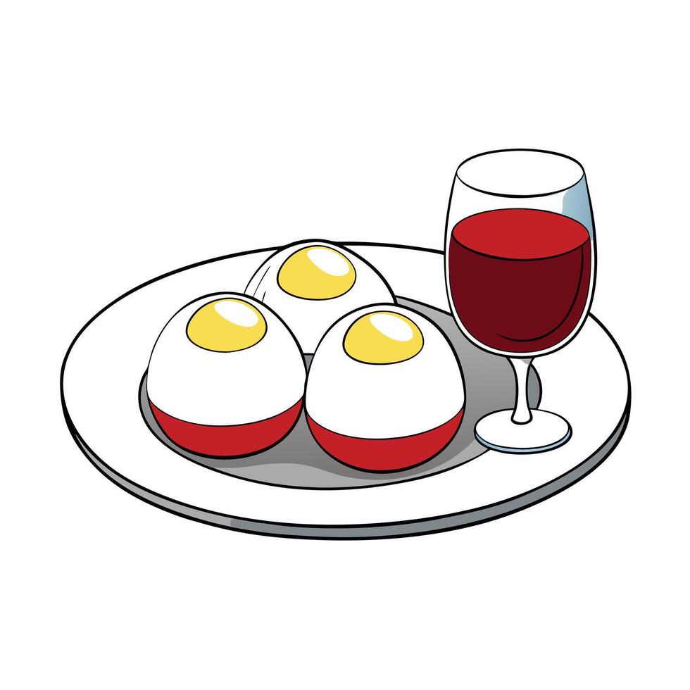 Eggs meurette or poached eggs with red wine sauce closeup on the plate on the table vector