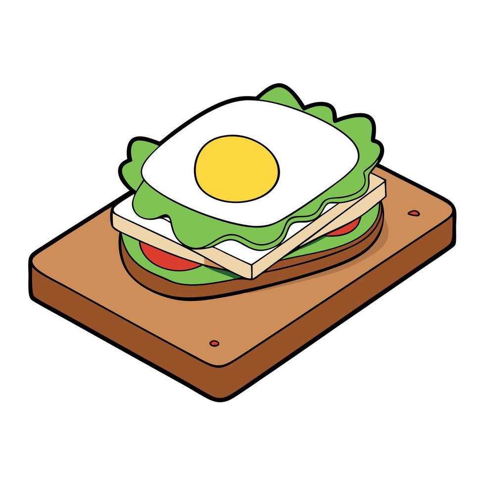 A sandwich with a fried egg and greens on a wooden board vector