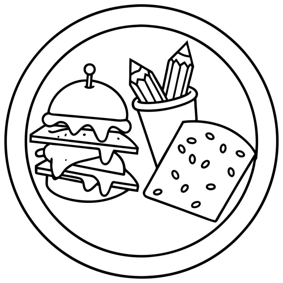 A plate of fast food featuring two cheeseburgers. a slice of pizza. and french fries vector