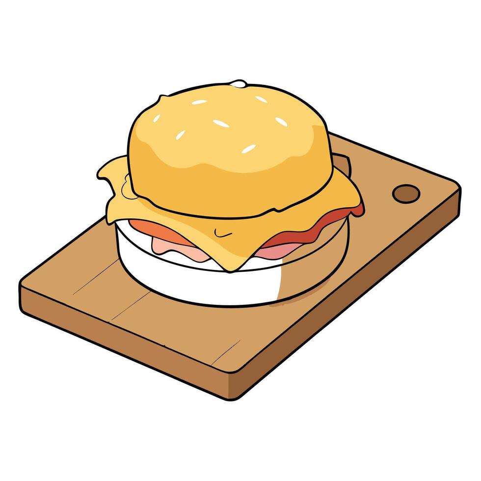 English muffin. scrumbled egg. ham. and cheese breakfast sandwich on a cutting board vector