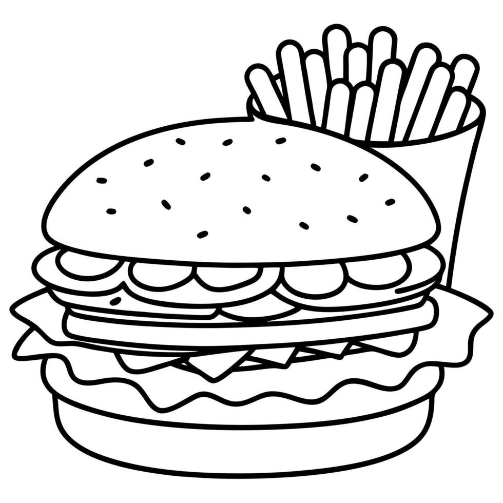 A juicy burger with lettuce. tomato and cheese on top of it sits beside french fries vector