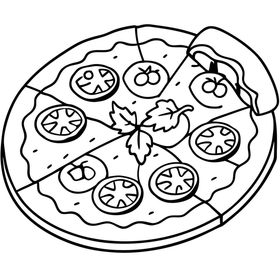 A pizza with ham. tomatoes. and spinach on top. The pizza is on a piece of paper vector