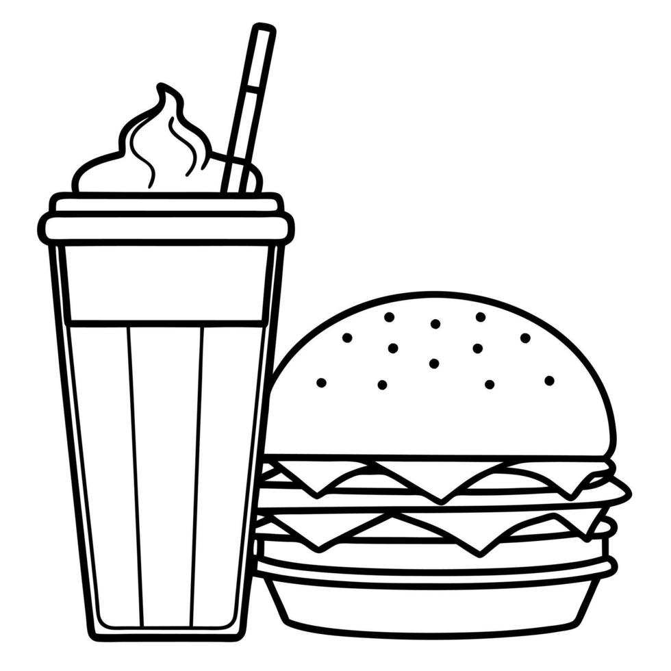 Burger and Milkshake. Deliciously Cooked Meal with Chips and Refreshing Beverage vector