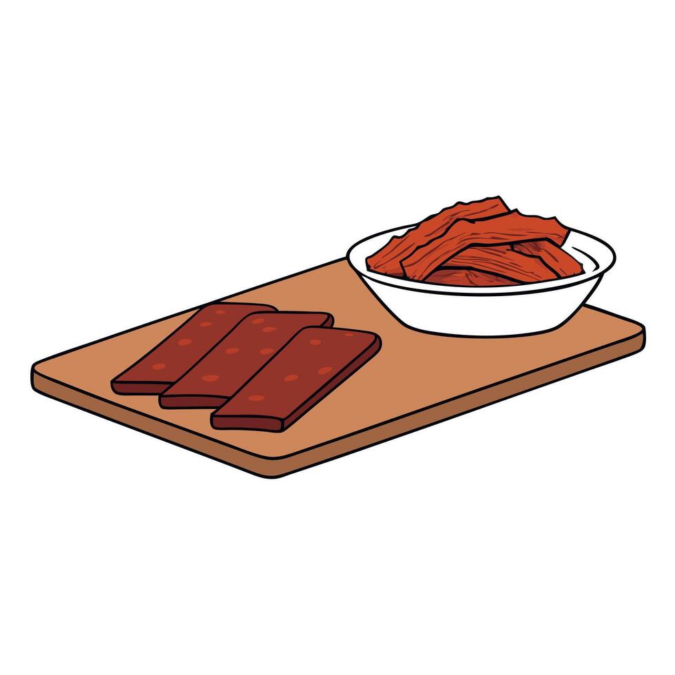 Board and plate of tasty Jerky with on white background. vector