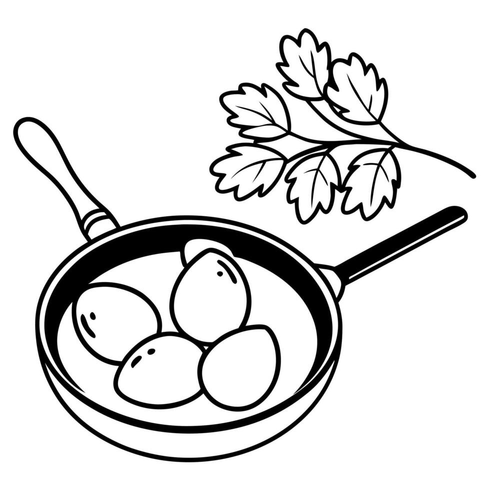 Three eggs in a frying pan Parsley garnishes the rim A spoon rests by the side vector