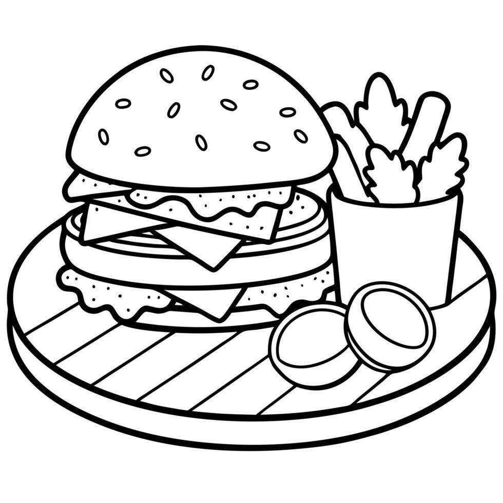 Burger with tomatoes lettuce and pickles on a wooden plate and fries at the back vector
