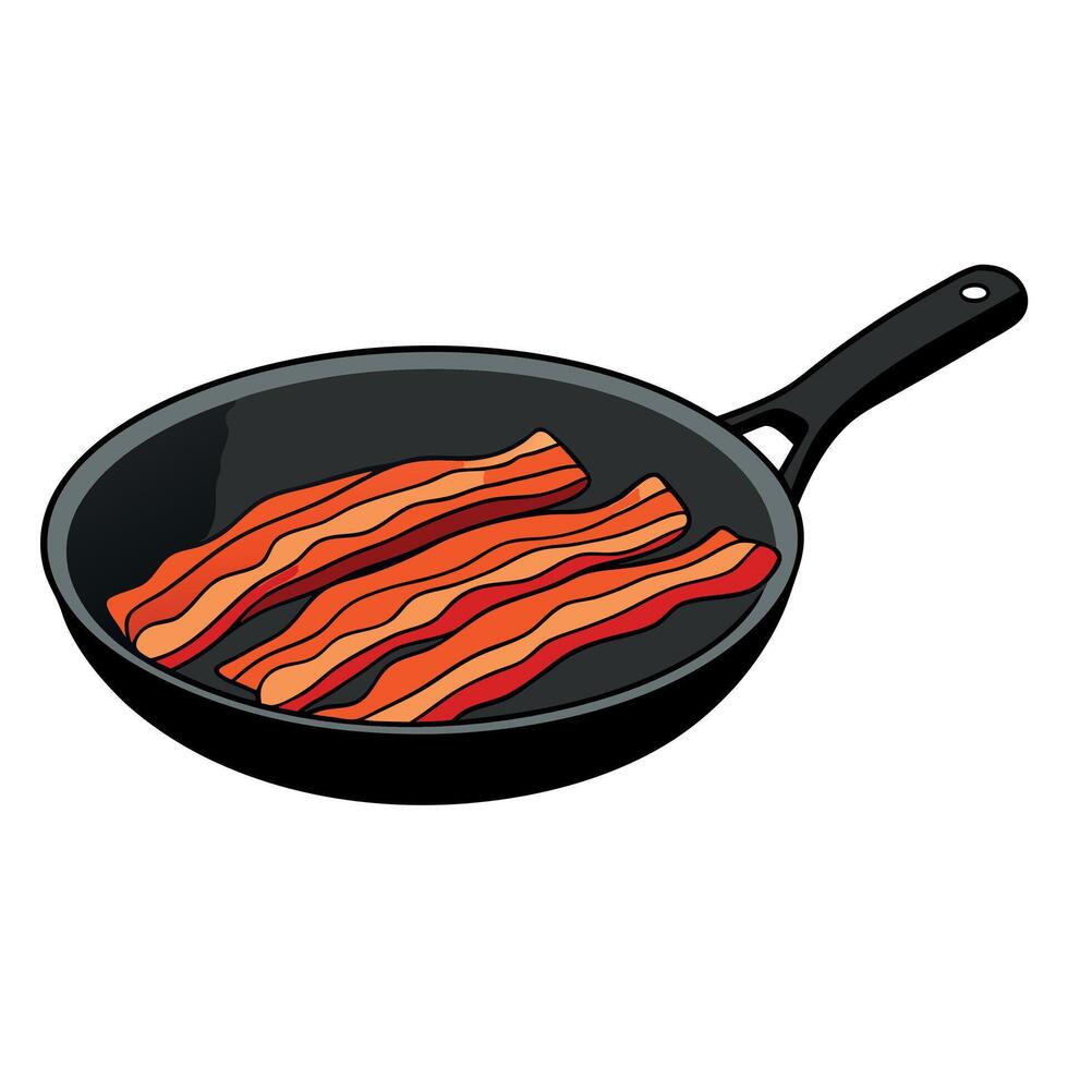Crispy strips of bacon frying on a cast iron griddle pan vector