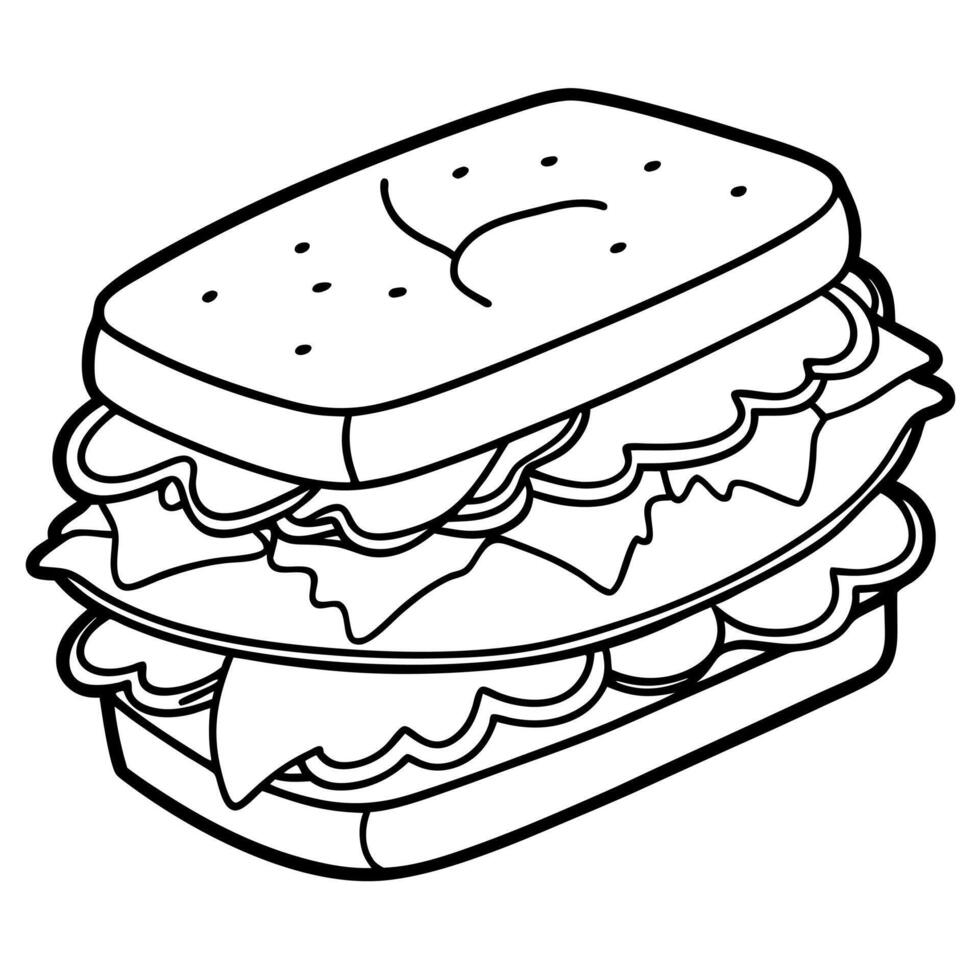 A sandwich with lettuce. tomato. and cheese is piled on top of another sandwich vector