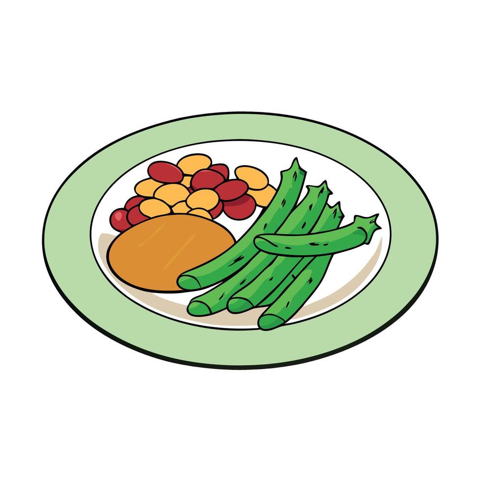 Green Beans Bacon. Country Style Dinner Dish with Fresh Legumes and Crispy Bacon vector