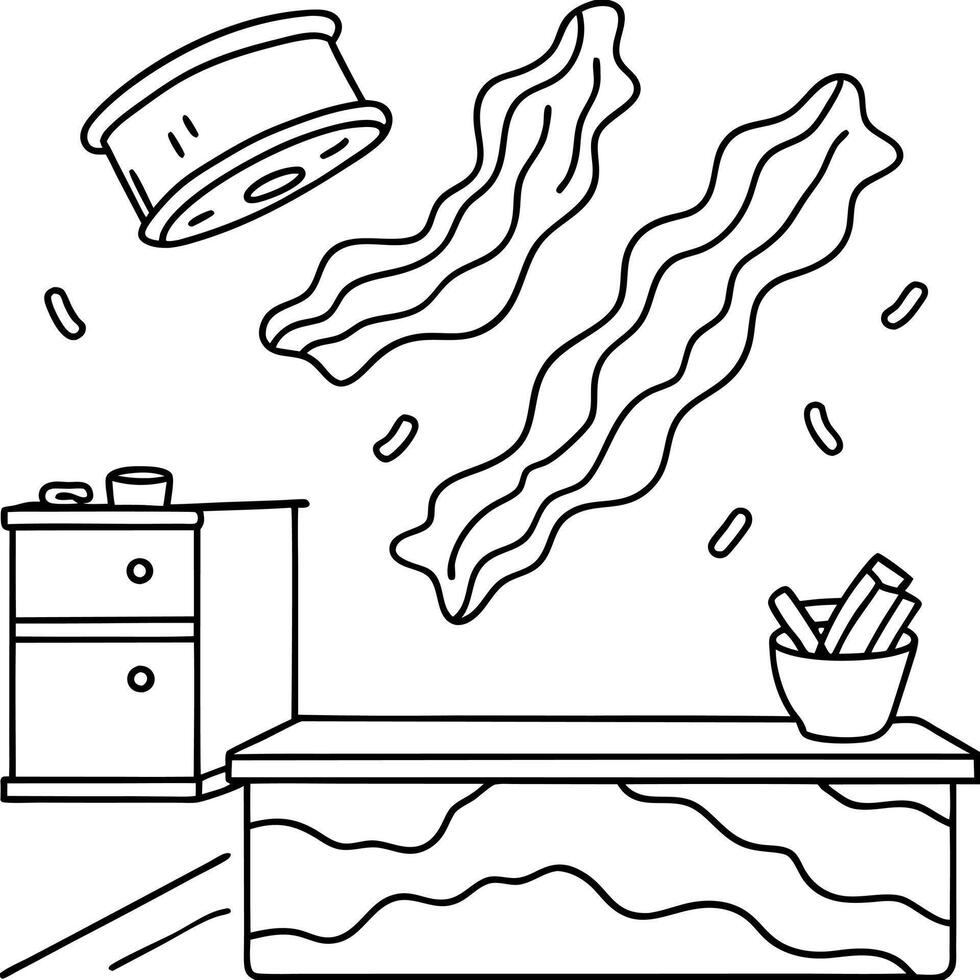 Delicious bacon flies against the background of the kitchen and kitchen table. vector