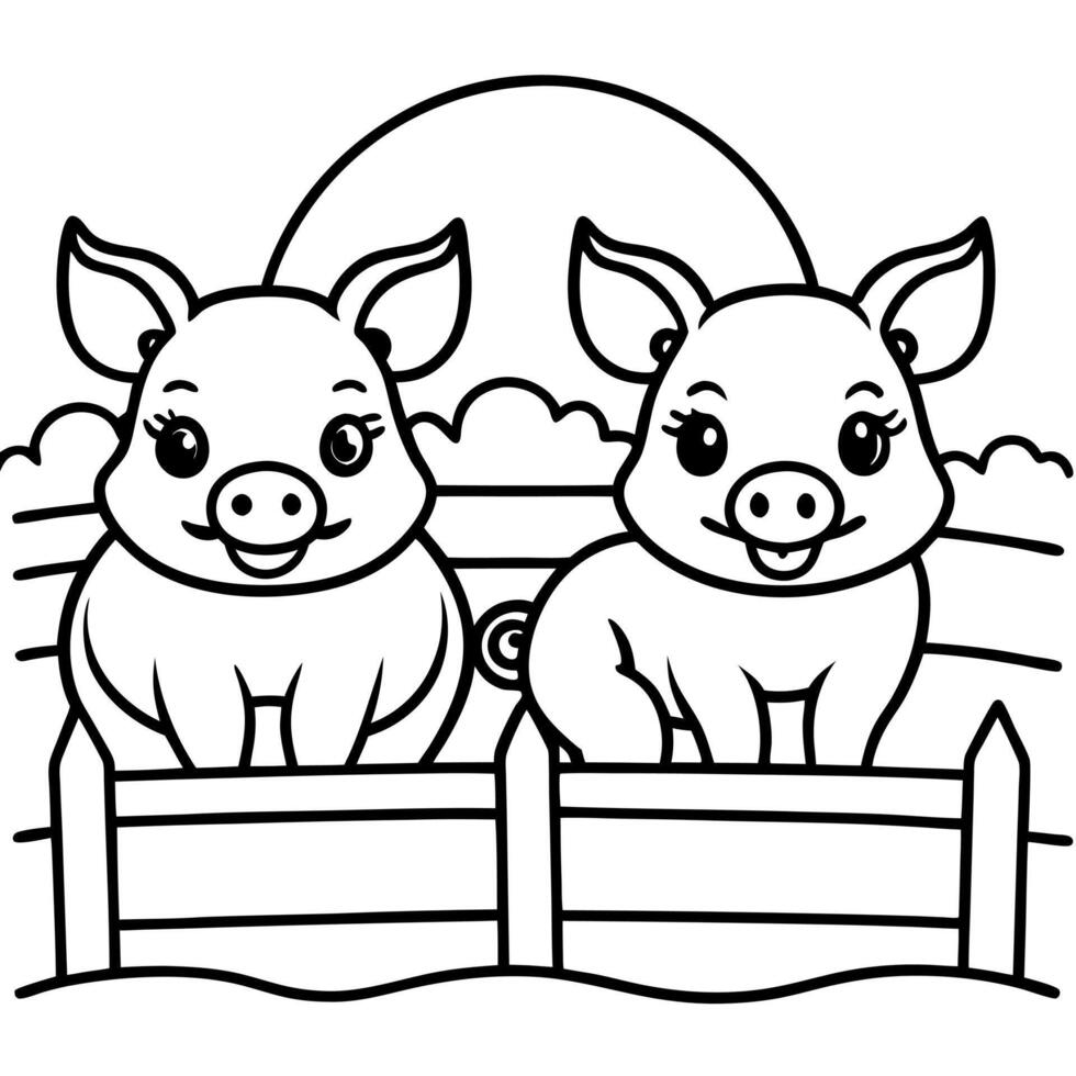 Cute piglets sitting on a farm fence happy . Evening sun light . in the meadow. vector