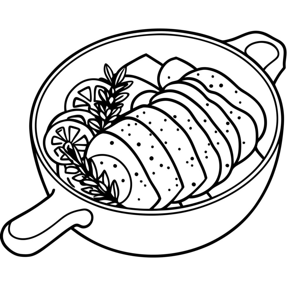 A close up of sliced homemade hot pork tenderloin in a pan with herbs and spices vector