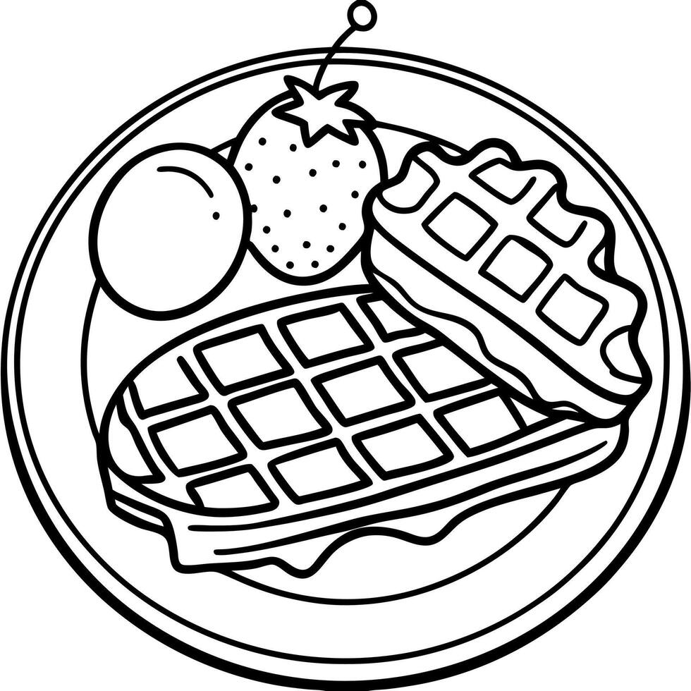 A waffle with bacon. eggs. and a pickle on a table adjacent to eggs and a pickle vector