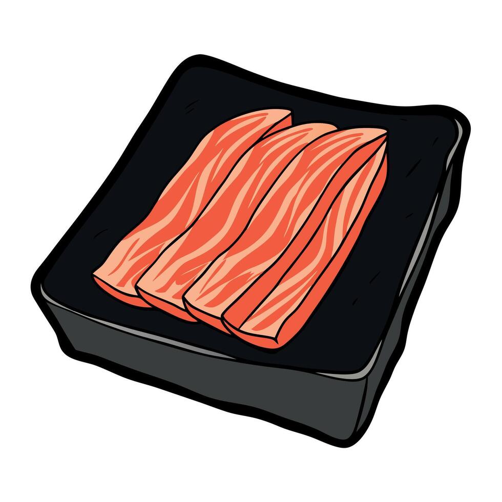 Bacon strips raw smoked pork meat slices in vacuum package on black stone table vector