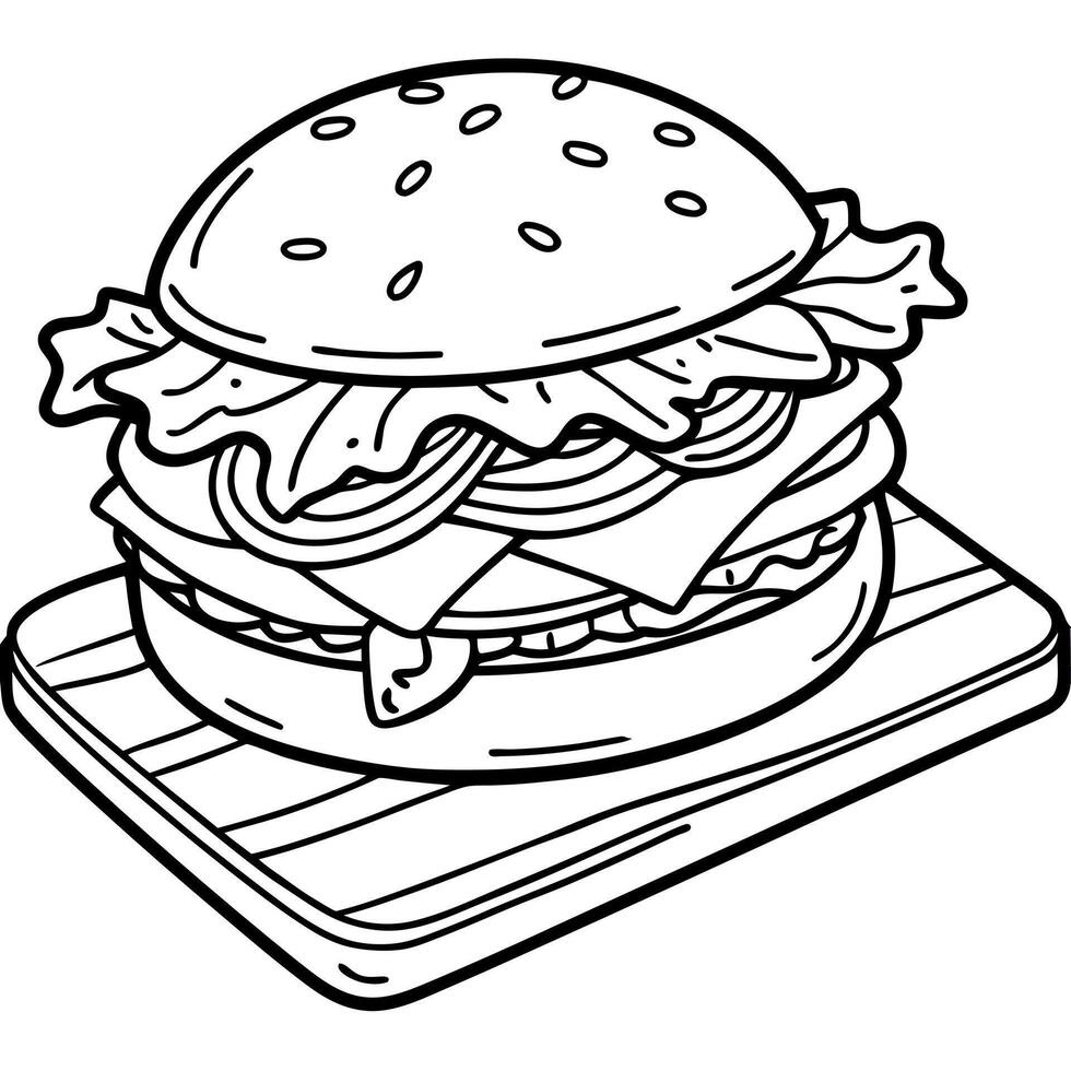 Close-up of delicious cheeseburger with bacon lettuce and tomato on wooden board vector