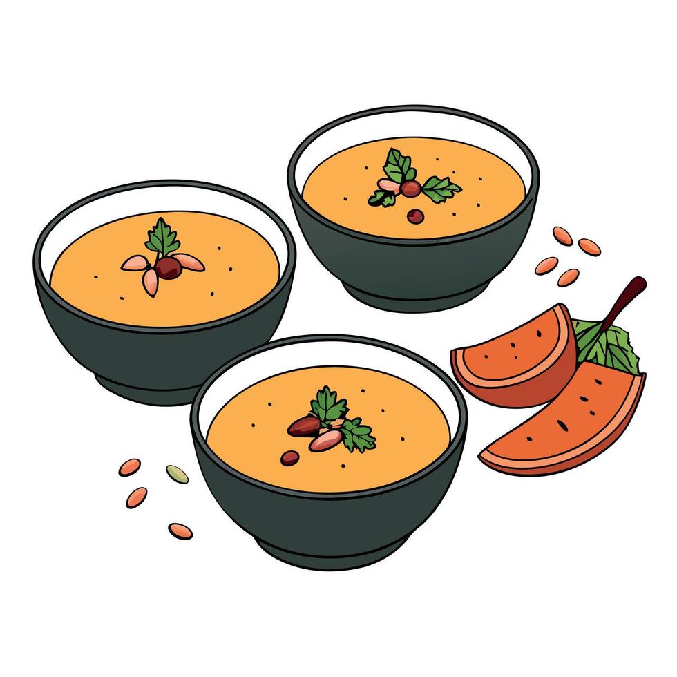 Bowls of butternut squash soup garnished with greens. bacon and pumpkin seeds. vector