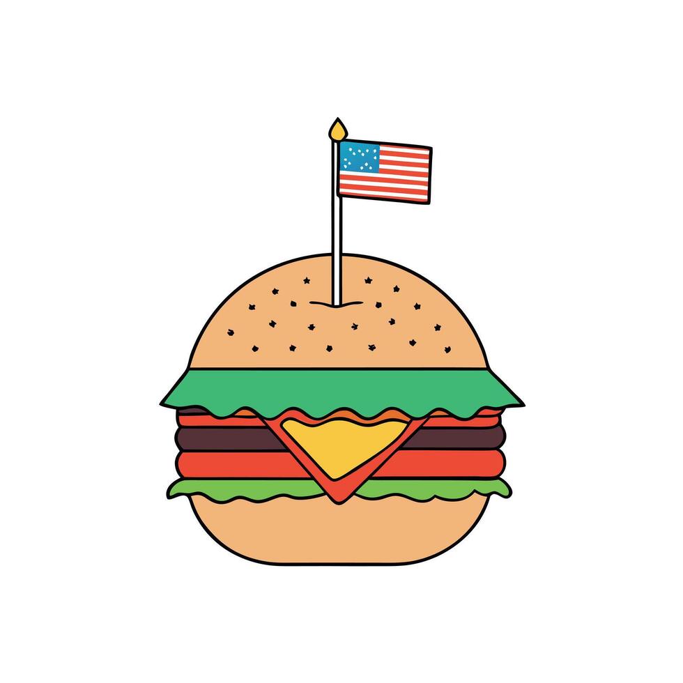 Hamburger with meat and vegetables. bacon and egg inside. american flag. panorama vector