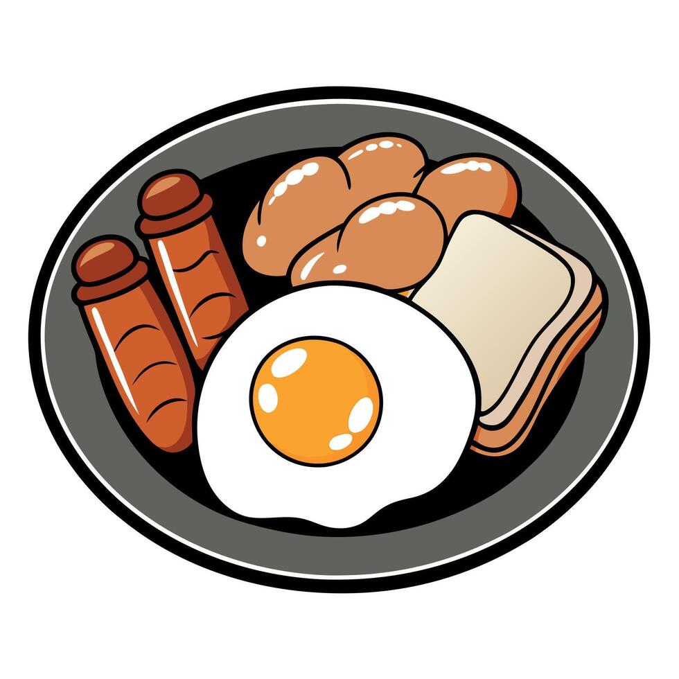 English breakfast with fried eggs bacon sausages beans toasts on dark background. vector