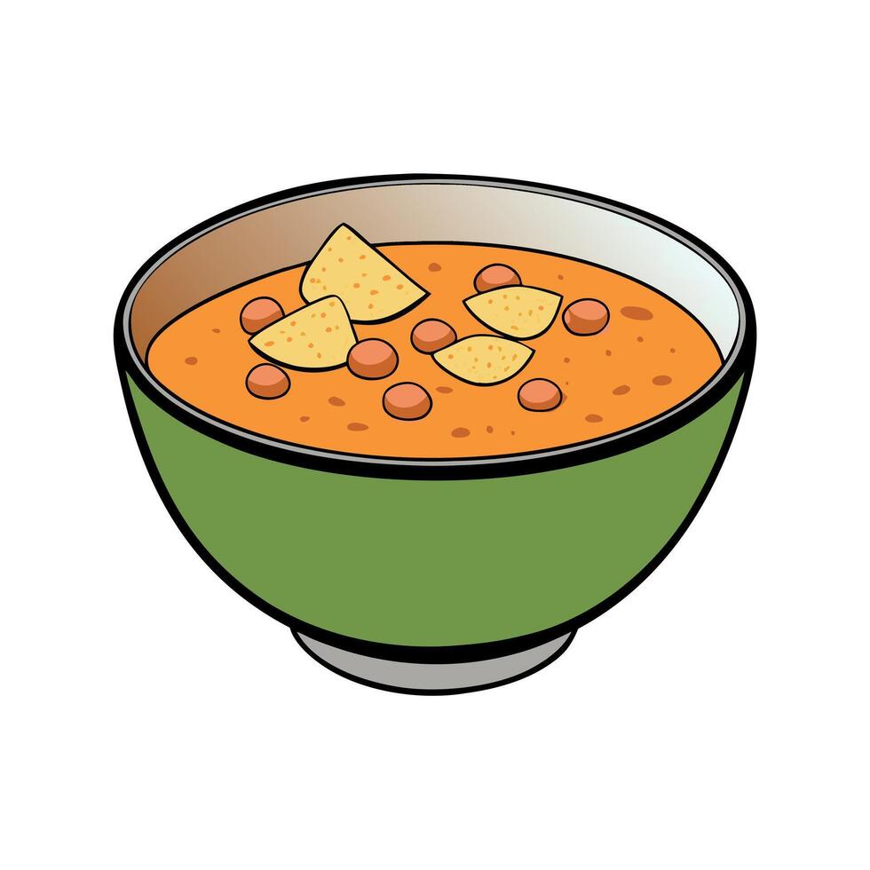 Lentil soup with croutons and meat chips for dinner on white background Text space vector