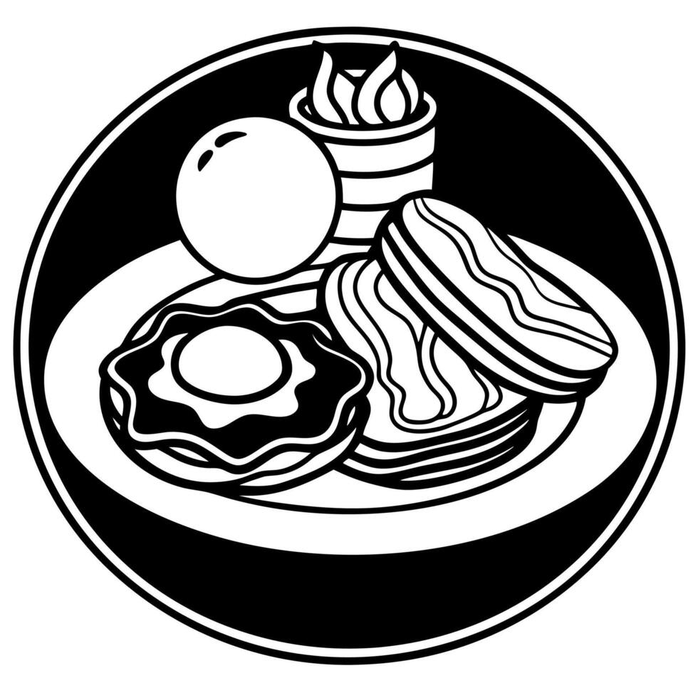 Healthy Full American Breakfast with Eggs Bacon Pancake on black plate background vector