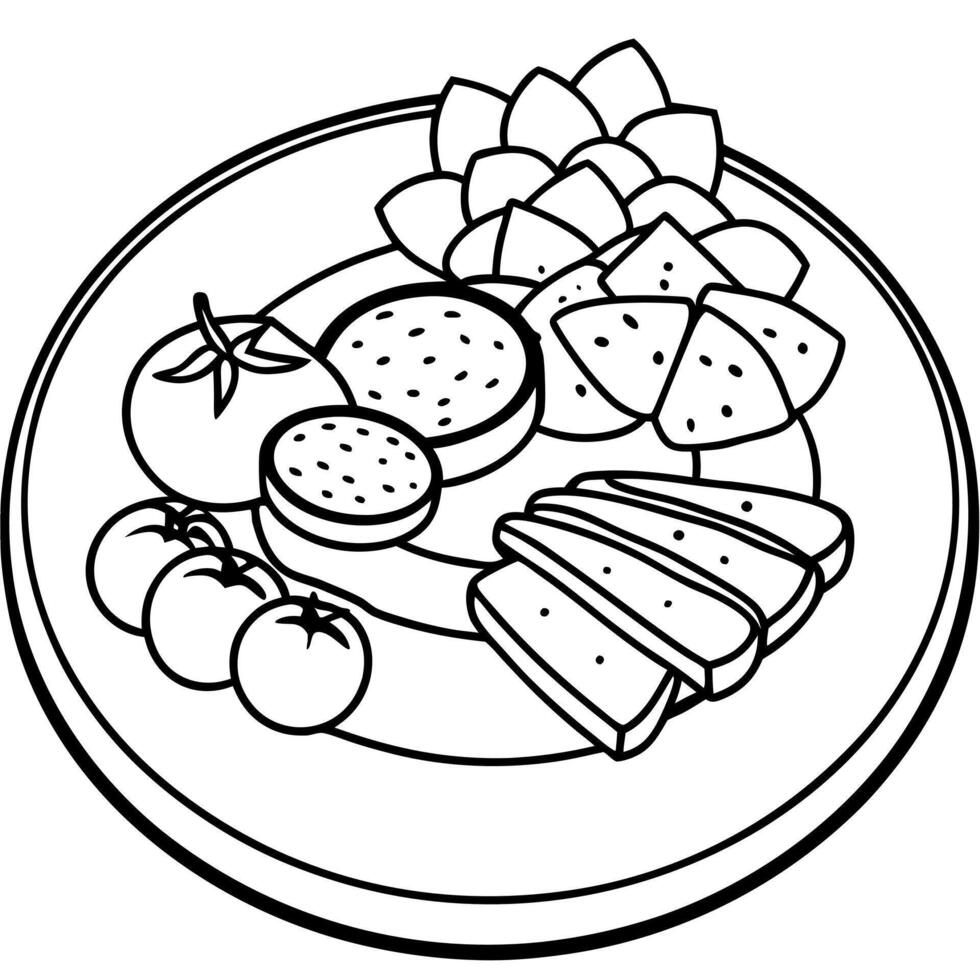 A platter of meat and cheese with a tomato on top. The platter is on a wooden table vector
