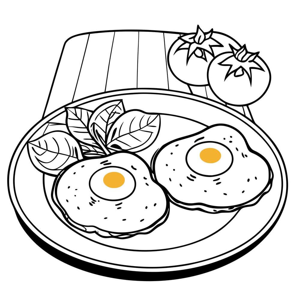 Delicious fried eggs with veggies on a wooden table top view with copy space image vector