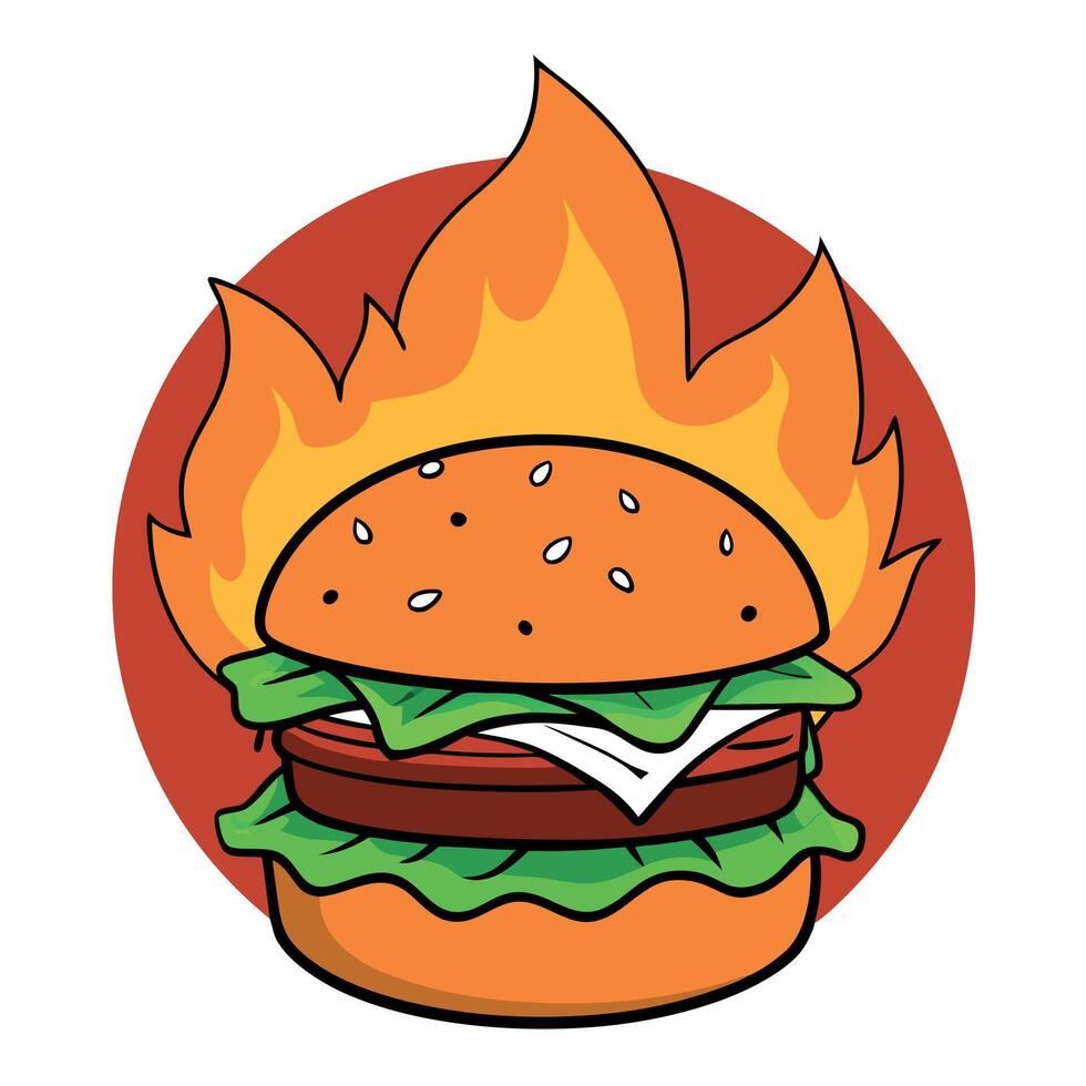 Flaming gourmet burger with lettuce. tomato. and bacon against a fiery background. vector
