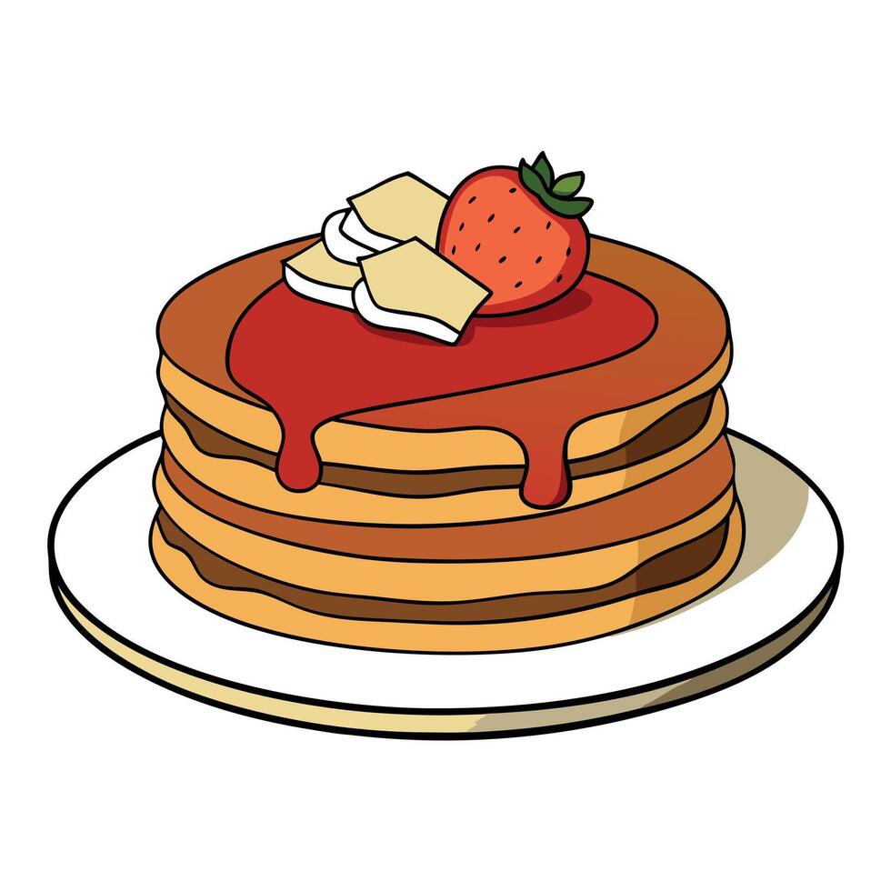 Delicious Pancakes with Syrup. Strawberries. and Bacon vector