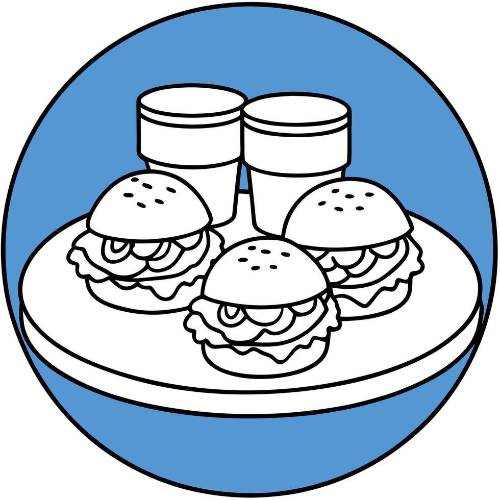 Homemade chicken sliders grilled over a blue table with vegetables and sauce vector