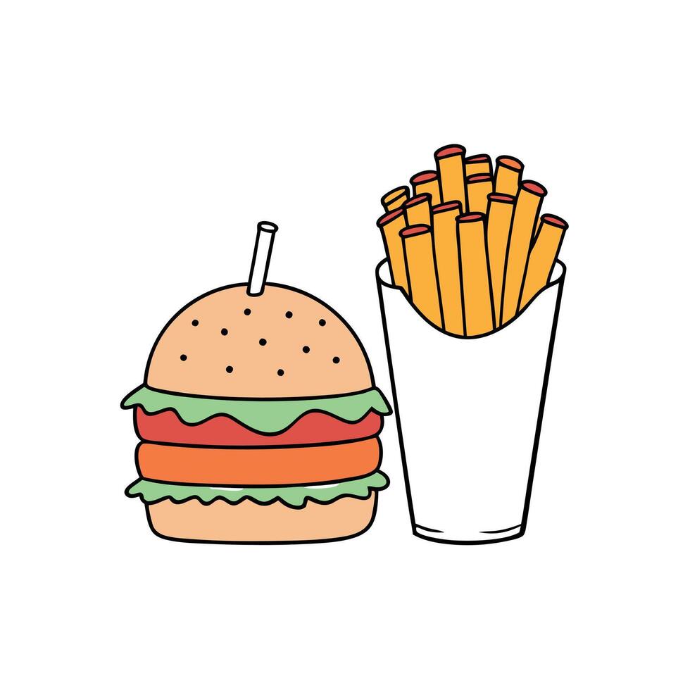Burger and Milkshake. Delicious Cooked Food Meal with Chips and Sustenance vector
