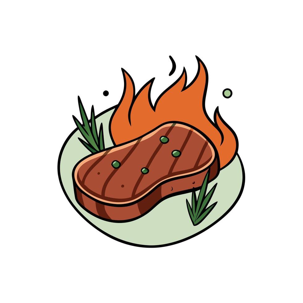 Grilled meat steak and herbs cooked on fire as a barbecue. delicious food vector