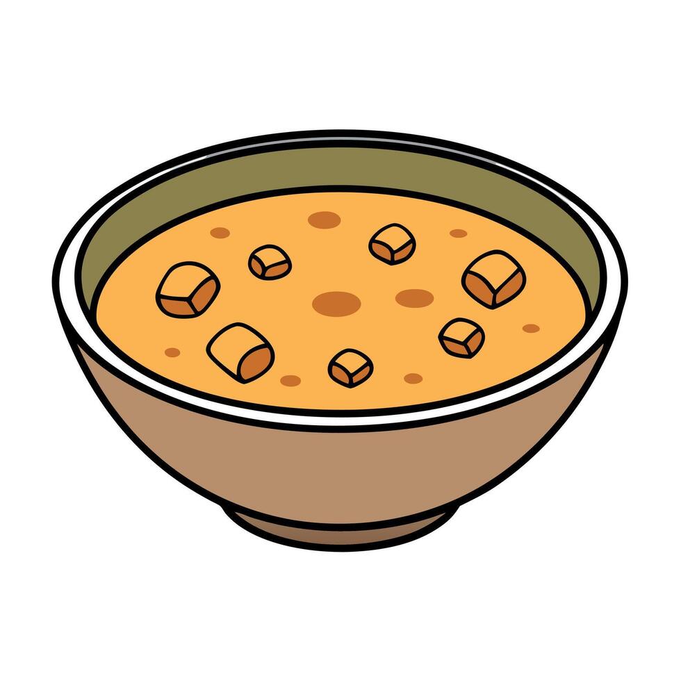Creamy lentil soup with croutons and meat pieces served on a white background vector