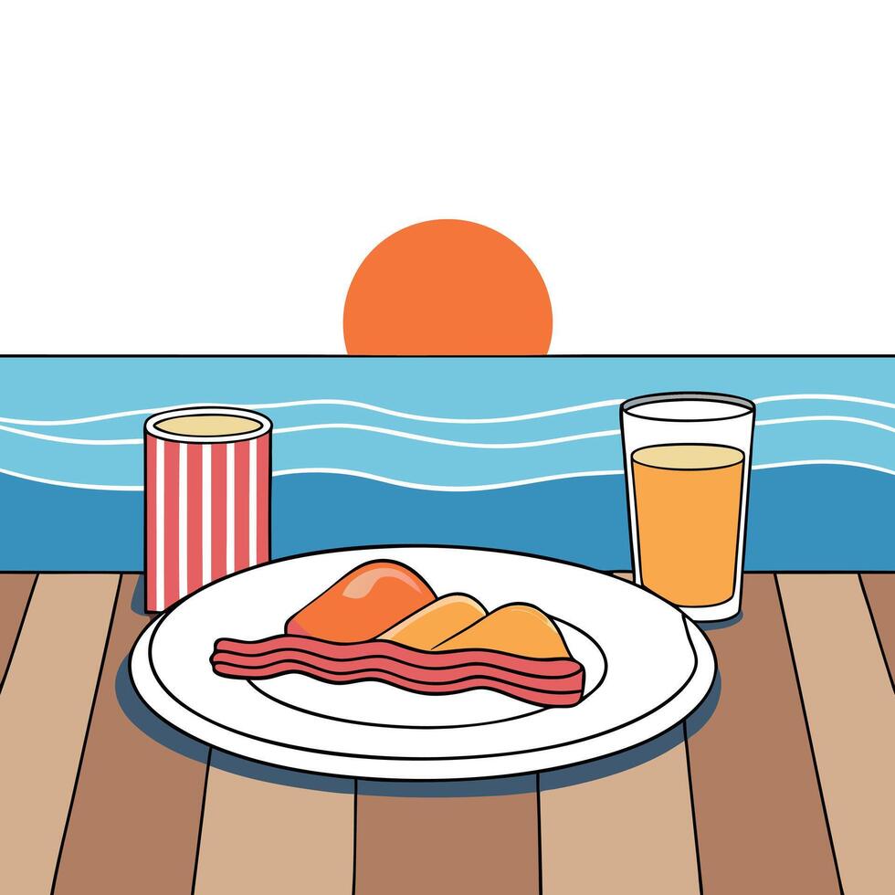 A plate of bacon and eggs with a glass of orange juice on a table by the ocean vector