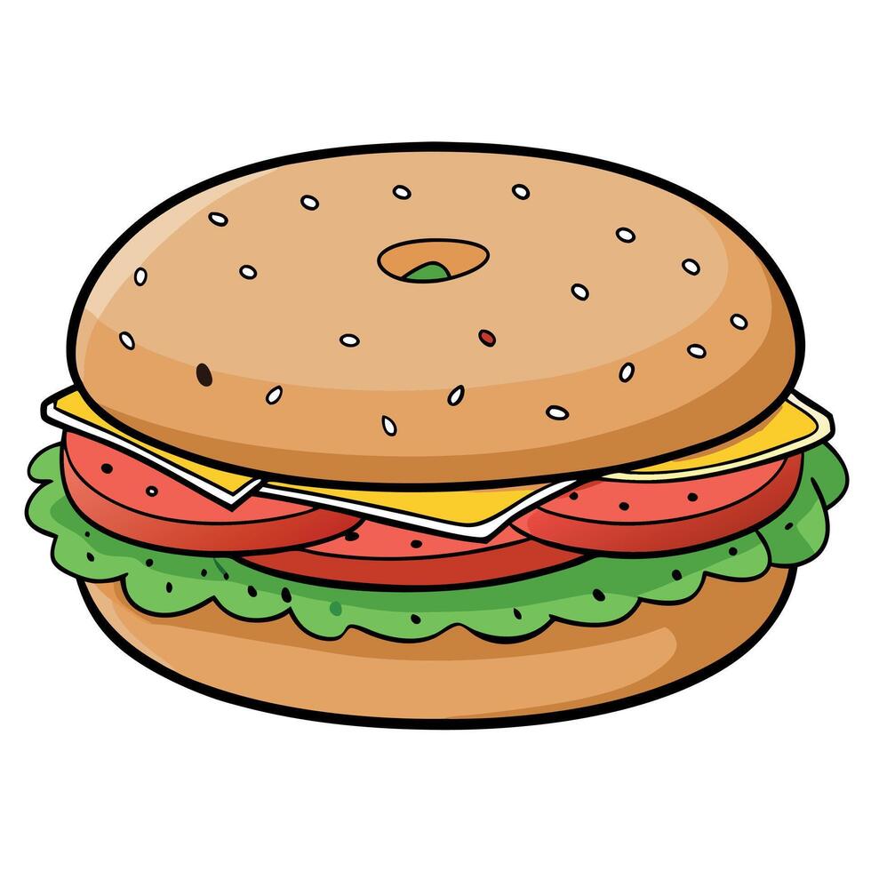 Large toasted meat and vegetable bagel sandwich isolated on white background vector